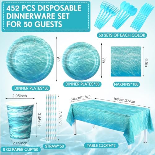 Funnymoom 452 Pcs Ocean Sea Birthday Party Decorations Include Ocean Waves Paper Plates Napkins Cups Tablecloth Cutlery Straws Sea Theme Party Supplies for Birthday Baby Shower - Image 2