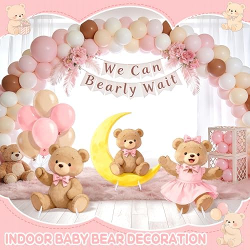 3Pcs Pink Bear Baby Shower Decorations, Large Moon Bear Cardboard Cutout Standup with Yard Stakes & Stands for Girls Bear Birthday Indoor Outdoor Photo Booth Props Cartoon Party Supplies - Image 6