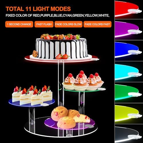 Cake Stand with Rechargable LED Light, Round Light Up Cupcake Stand, Cupcakes and Cakes Comb for 8-12 Inch Cakes, Tiered Cake Tree Tower, Clear Dessert Display Stand for Wedding Birthday Party - Image 4