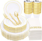 WDF Partyware 350 Pieces Gold Disposable Plates for 50 Guests, Plastic Plates for Party, Dinnerware Set of 50 Dinner Plates, 50 Salad Plate, 50 Spoons, 50 Forks, 50 Knives, 50 Cups for Wedding/Party by WDF