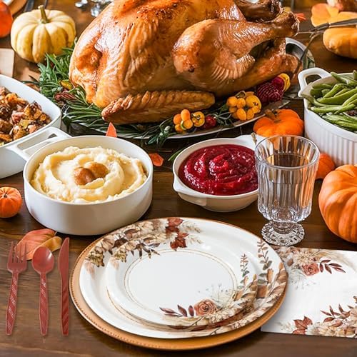 150 Pcs Boho Floral Fall Party Supplies Disposable Tableware Set Serves 25 Rustic Flower Oval Paper Plates Napkins Fork Spoon for Fall Autumn Birthday Baby Shower Wedding - Image 5