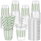 Sliner 50 Sets Sage Green White Striped Plastic Cups 16oz by Sliner