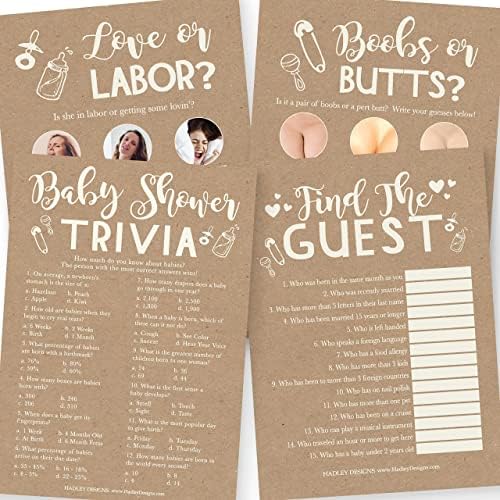 Hadley Designs - 25 Rustic Trivia Game, 25 Find The Guest Game, 25 Love Or Labor Game, 25 Boobs Or Baby Butts - 4 Double Sided Cards Baby Shower Ideas, Gender Reveal Games Baby Shower Games by HadleyDesigns