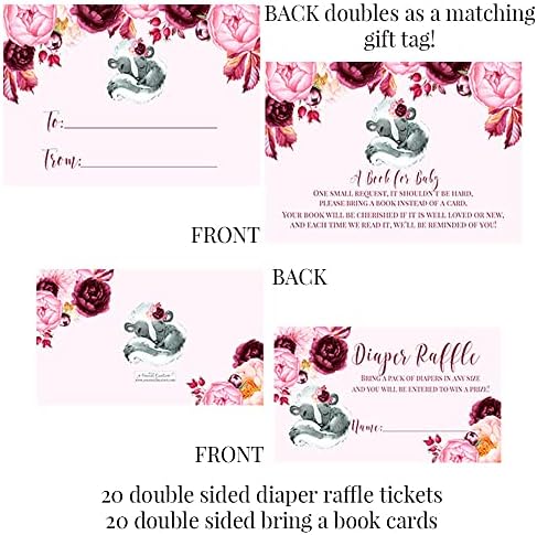 Little Stinker Watercolor Pink Burgundy Floral Girl Baby Shower Party Bundle Includes 20 Invitations with Envelopes + 4 Sizes of Decorative Stickers, Diaper Tickets & Bring a Book Cards - Image 3