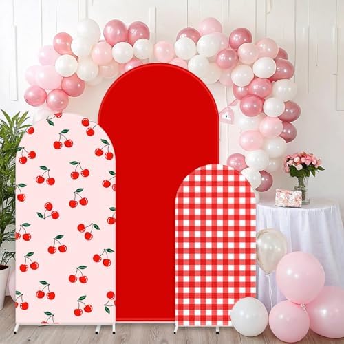 FYSUIMU 3 Pcs Cherry Arch Backdrop Covers Pink Red Plaid Stretchy Spandex Arch Stand Fabric Cover for Wedding Birthday Baby Shower Gender Reveal Party Decoration (4ft/5ft/6ft) - Image 5