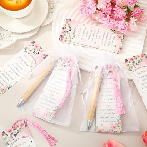 Whaline 50 Sets Baby Shower Favors Pink Floral Flower Engraved Retractable Ballpoint Pens with Thank You Bookmarks and Organza Bags for Gender Reveal Party Gifts Guest Prizes - Image 3
