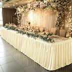 14ft Length Light Champagne Satin Table Skirt Rectangle Tables-Wrinkle Resistant Ruffle Table Skirting Glitter Teacher Desk Cover Skirt for Classroom Dorm Weddings Birthday Party Table Decorations by Partisky