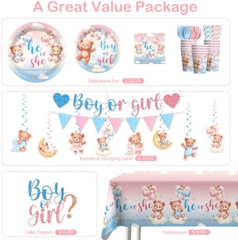 Xynic 206Pcs Bear Gender Reveal Decorations Tableware Set, Serves 25 - Image 3