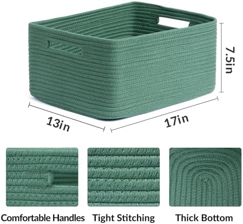 MiniArk Large Storage Baskets for Shelves, 17 x 13 x 7.5” Closet Organizers Bins for Clothes Blanket Towels, Baby Nursery, Toy Baskets Box, Woven Rope Baskets, 2 Packs Green - Image 2