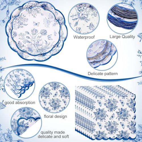 Funnymoom 452 Pcs Blue Floral Plates and Napkins Party Supplies, Scalloped Chinoiserie Blue White Flower Paper Plates Napkins Cups Tablecloth Cutlery Straw for Wedding Bridal Tea Party Decoration - Image 3