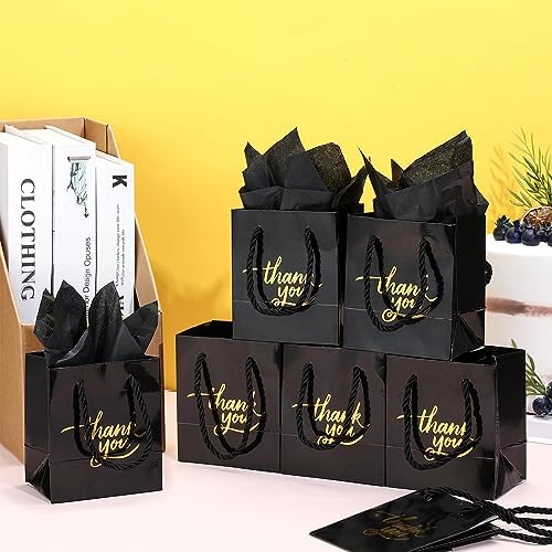 Yeaqee 100 Pack Mini Gift Bags Bulk 4 x 2.75 x 4.5 Inch Small Thank You Paper Bags with Handle and Tissue Paper for Wedding Birthday Baby Shower Business Graduation Party Favors(Black) - Image 3