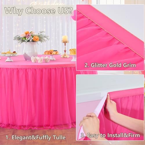 108in Hot Pink Tulle Table Skirts for Rectangle Tables 6/8/4ft, 2-Layer Ruffle Tulle Tutu Fuchsia Cloth Table Skirt 9ft for Barbie Birthday Party Wedding Baby Shower Cake Dessert(No Table Top Cover) - Image 3