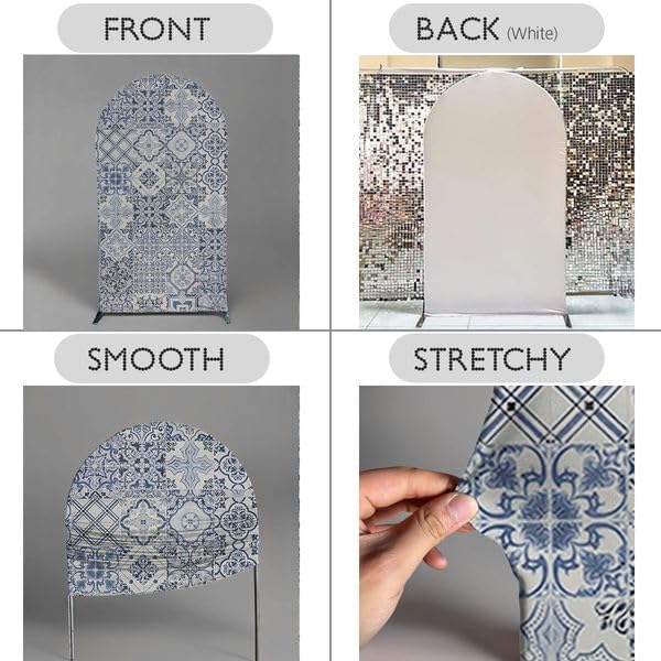 Curved Top Arch Cover Backdrop 4x7ft Mediterranean Portuguese Patchwork Tile Theme Spandex Background for Birthday Wedding Shower Banquet Porcelain Party Decoration - Image 4