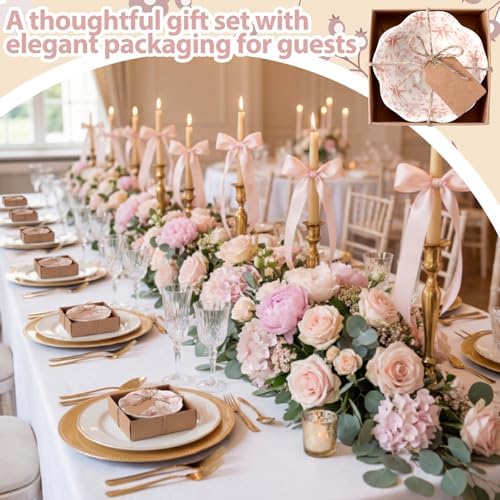 SiliFine 12 Pcs Pink Bow Party Favors for Guests Small Ceramic Bowl Bulk Gifts Set 3.3 Inch Floral Design Mini Dipping Sauce Dish with Card Box for Bridal Pooja Baby Shower Birthday Guest Gift - Image 2