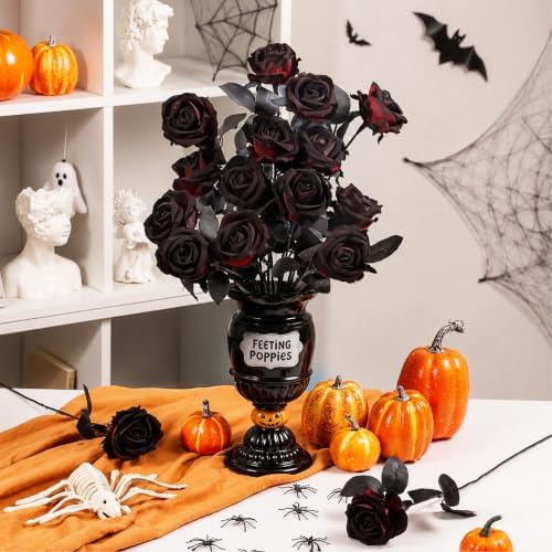 Auihiay 60Pcs Black Burgundy Roses, Faux Halloween Flowers, Black Roses - Image 3