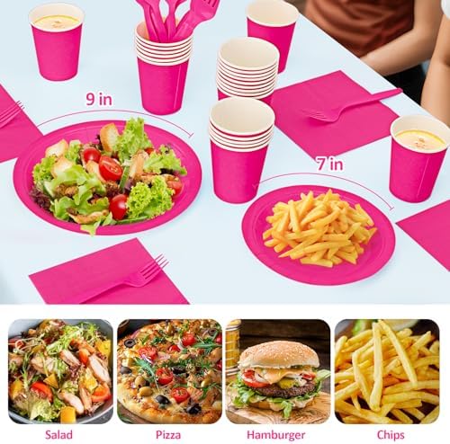 250Pcs Hot Pink Paper Plates and Napkins Supplies, Include 9’’Paper Party Plate, 7’’Dessert Plates Cups Napkins Forks Sets for Birthday, Anniversaries, Wedding, Picnics, Serves 50 - Image 3