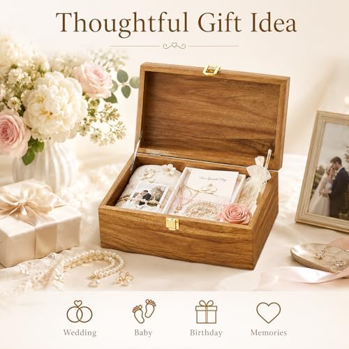 Wooden Keepsake Box, Acacia Storage Memory Box with Hinged Lid - Image 7