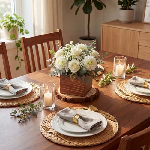 Leinuosen 16 Pcs Wedding Centerpieces Decor Set 8 x 4-inch Rustic Wood Cube Planter Box with 8 x Natural Wood Slices Tabletop Floral Arrangements for Baby Shower Home Garden Decorations(Brown) - Image 5