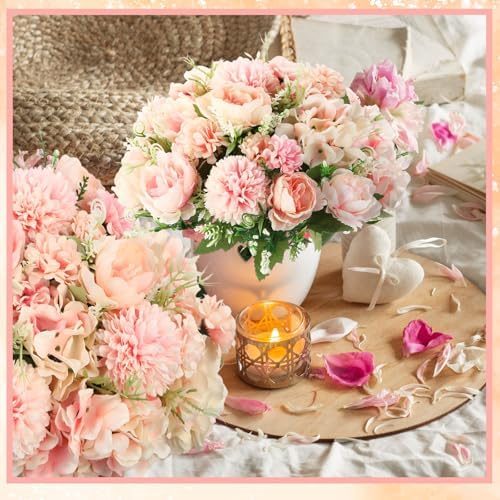 Tigeen 24 Bundles Artificial Flowers Bouquet Silk Peonies, Pink - Image 5