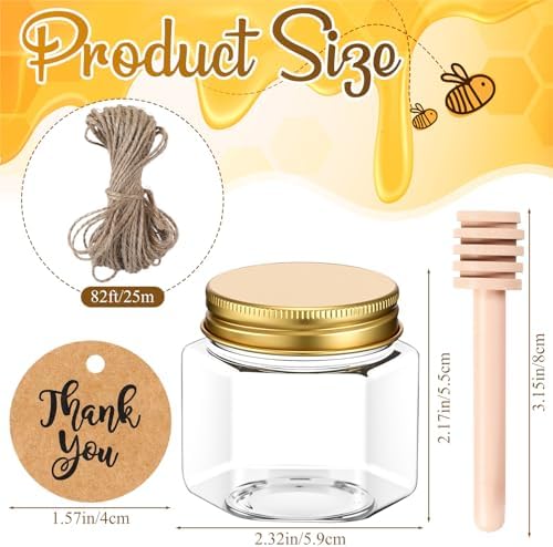 Funnymoom 50 Set 2.5oz Plastic Mini Honey Jars with Wooden Dipper and Muslin Cloth Covers Honey Jars with Gold Lids Hang Tags Decorative Jute Rope for Wedding Birthday Party (Classic) - Image 2