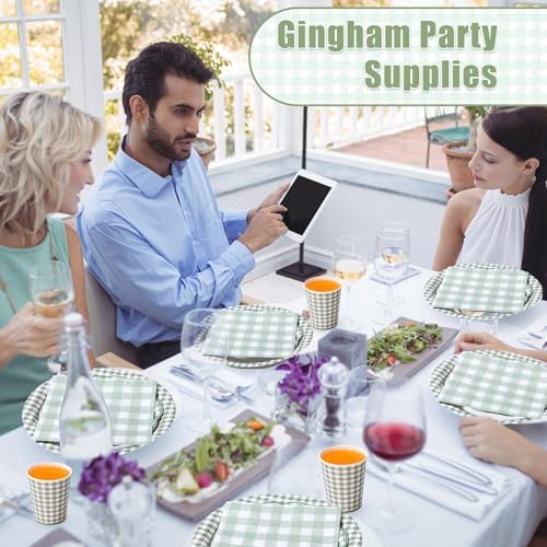 Funnymoom 250 Pcs Sage Green Gingham Paper Plates and Napkins Cups Serve 50 - Image 5