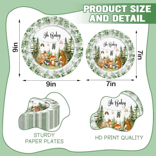 Woodland Baby Shower Plates, Green, Serves 25, Disposable Tableware Set - Image 2