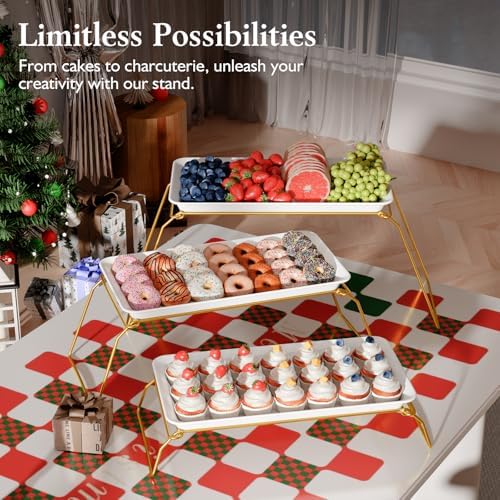 Bumusty Large 3-Tier Melamine Serving Tray Set, 17 x 8.7 in, Gold Stand - Image 6
