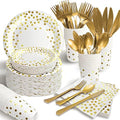 AIRE White Gold Dot Paper Plates Set, 350PCS Disposable Dinnerwarefor 50 by AIRE
