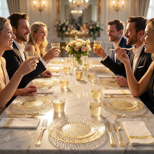 Rubtlamp 350 Pcs Gold Glitter Plastic Plates, Hammered Disposable Plates Set (50 Guests), Glitter Dinnerware Set Include 100 Plastic Plates, 150 Glitter Silverware, 50 Cups And 50 Napkins - Image 7