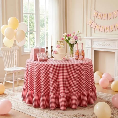 Eternal Beauty Gingham Ruffled Tablecloth Red White 90 Round Christmas Fall - Image 4