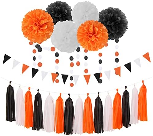 Black White Orange Halloween Party-Decorations Tissue Pom Poms Streamers,Tassel Garland Banner,Graduation 2025 Birthday Wedding Baby Bridal Shower Decor Bunting - Image 2