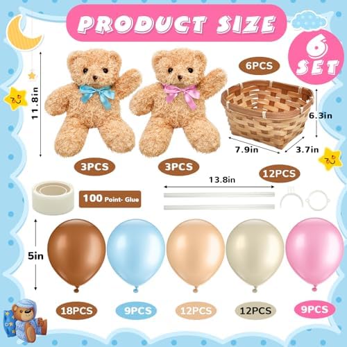 Hollowfly 6 Set Bear Baby Shower Party Centerpieces Table Decoration 6 Gender Reveal Stuffed Plush Bears 6 Bamboo Baskets 60 Colorful Balloons 12 Balloon Stands Birthday Party Wedding(Blue, Pink) - Image 2