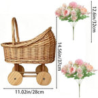 HAOPAIXW 15.7" Wicker Baby Carriage for Baby Shower, Woven Rattan Stroller Basket with 2 Artificial Flower Bouquets, Vintage Floral Centerpiece Planter Gender Reveal Basket (Basket+Flower Bouquets) - Image 5