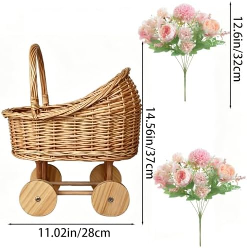 HAOPAIXW 15.7" Wicker Baby Carriage for Baby Shower, Woven Rattan Stroller Basket with 2 Artificial Flower Bouquets, Vintage Floral Centerpiece Planter Gender Reveal Basket (Basket+Flower Bouquets) - Image 5