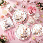 400 Pcs Bunny Birthday Party Decorations for 50 Guests, Pink Floral Bunny Paper Plates and Napkins Cups Cutlery Rabbit Disposable Tableware Set for Spring Baby Shower Birthday Supplies - Image 5