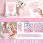 Party Inspo Pink Bow Baby Shower Decorations - 132 PCs Coquette Baby Shower Supplies with Balloon Garland, Backdrop, Cake Topper, Tablecloth, Boxes, Badge, Sash for Girls Pink Themed Party - Image 5