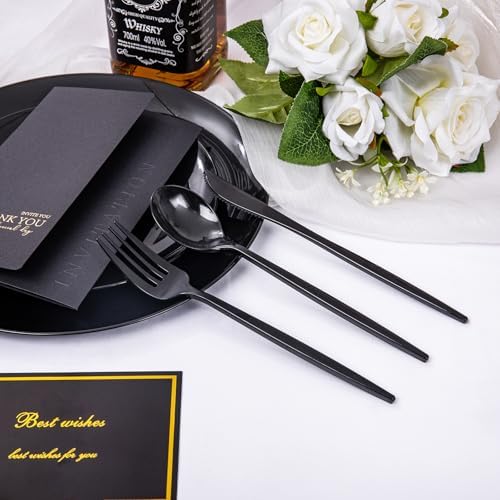 PULOTE 150PCS Black Plastic Silverware Set Disposable - Heavy Duty Black Plastic Cutlery - Black Plastic Utensils Set Include 50 Forks,50 Spoons,50 Knives for Party&Graduation - Image 5