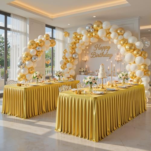 6 Packs Gold Satin Tablecloths Rectangle 8FT, Glitter Spandex Fitted Stretch Table Covers Wrinkle-Free Floor Length Shimmer Table Skirt for Weddings Parties Baby Shower Banquets Vendor Events - Image 4
