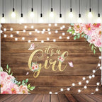 8x6ft Baby Shower Backdrop It's a Girl Photography Background Pink Floral Butterfly Green Leaves Rustic Wooden Board Girls Birthday Party Banner Decorations Newborn Parties Photo Booth Prop - Image 2