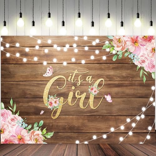 9x6ft Baby Shower Backdrop It's a Girl Photography Background Pink Floral Butterfly Green Leaves Rustic Wooden Board Girls Birthday Party Banner Decorations Newborn Parties Photo Booth Prop - Image 2