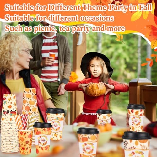 Jingmore 48 Sets 16oz Disposable Paper Coffee Cups with Lids Sleeves Straws Holiday Paper Drinking Cups Bulk for Hot Cold Beverages Home Business Cafe Birthday Party Supplies (Fall) - Image 6