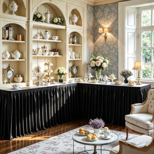 PARTISKY 14ft Length Black Satin Table Skirt for Rectangle Tables-Wrinkle Resistant Ruffle Table Skirting Glitter Desk Cover Skirt for Wedding Birthday Party Office School Dorm Desk Trade Show Decor - Image 4