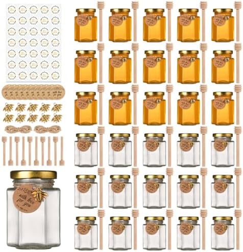 4 oz Small Honey Jars with Dipper, 30 Pack Hexagon Honey Jar by Mcupper