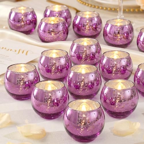 24 Pcs Purple Votive Candle Holders for Wedding Decor, Purple Mercury Glass Candle Holders for Table Centerpieces, Tea Light Holder for Wedding Bridal Shower Party Supplies by LAMORGIFT