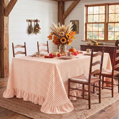 Eternal Beauty Gingham Ruffled Tablecloth Orange White 60x120 Thanksgiving by EternalBeauty