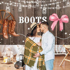 10x8FT Gender Reveal Backdrop Boots or Bows Rustic Wood Brown Cowboy Boots Pink Bows Photography Background Gender Reveal Baby Shower Party Decorations Banner Photo Booth Props - Image 4