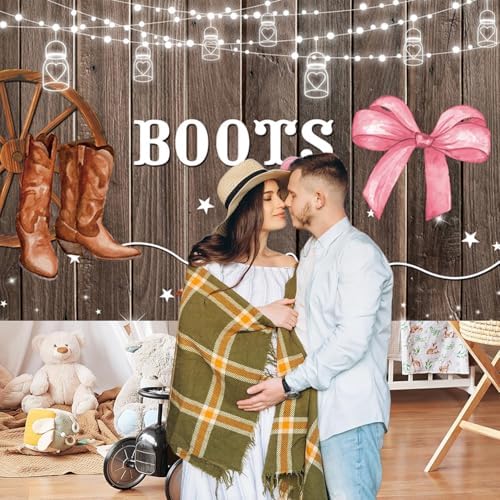 9x6FT Gender Reveal Backdrop Boots or Bows Rustic Wood Brown Cowboy Boots Pink Bows Photography Background Gender Reveal Baby Shower Party Decorations Banner Photo Booth Props - Image 4