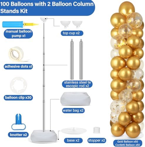2 Sets Metallic Gold Balloon Column Stand Kit with 100 Balloons Adjustable Balloon Tower Stand with Bases for Floor Gold Confetti Balloons Column Kit for Shower Birthday Wedding Back to School Party - Image 2