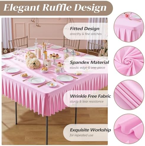 Wish Care 2 Pack Pink Spandex Tablecloths for 34x34 Inch Square Tables, Stretch Fitted Table Clothes with Pleated Ruffle Skirt for 34” Table, Wrinkle Free and Elastic, for Party Kitchen Home Dining - Image 5
