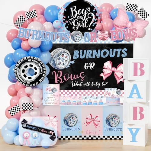 Burnouts or Bows Gender Reveal Decorations, 151 Pcs Boy or Girl Gender Reveal Party Supplies with What Will Baby Be Backdrop, Pink Blue Balloon Garland, Boxes by Fiesec
